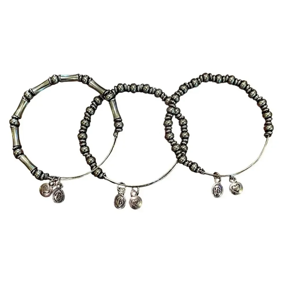 Alex and Ani  Brass Tone Charm Adjustable Bracelet, Heart, Initial B, Set of 3